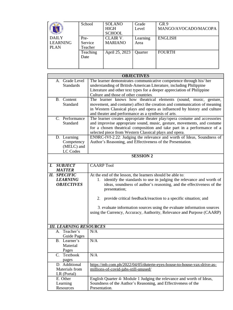 April 25 Local Demo Lesson Plan (CVM) 1 | PDF | Learning | Human ...