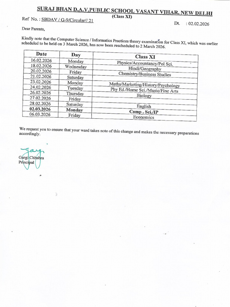 Revised Date Sheet - XI | PDF