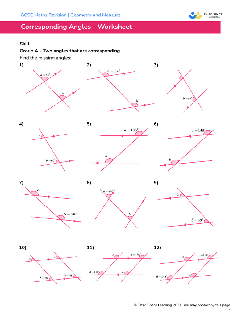 Third Space Learning Corresponding Angles GCSE Worksheet | PDF