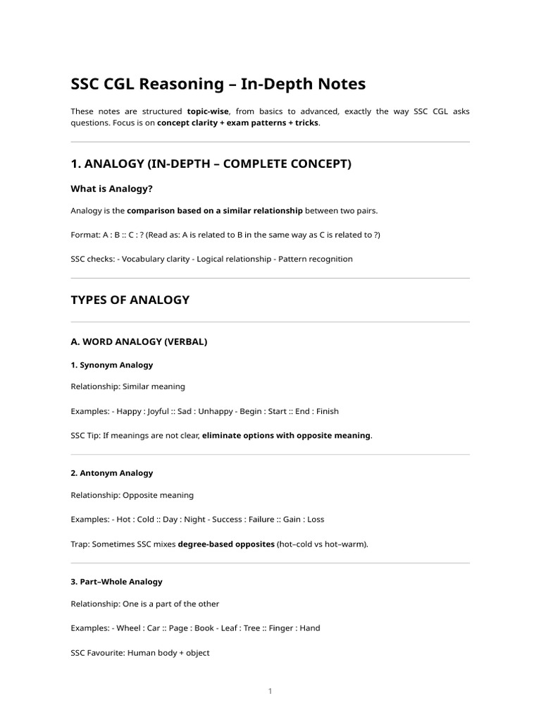SSC CGL Reasoning - in Depth Notes | PDF | Analogy | Logic