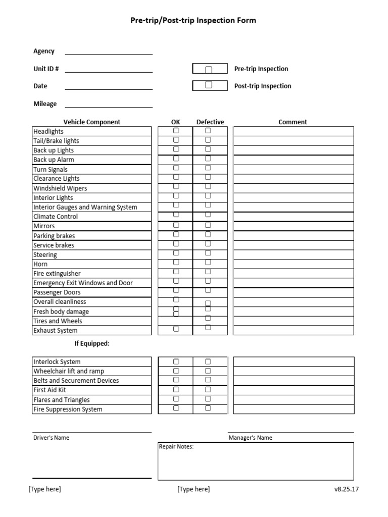Main Pre Trip Post Trip Vehicle Inspection Form | PDF