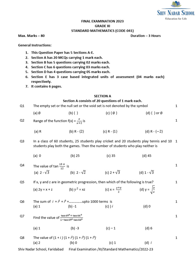 Standard Mathematics QP Final Examination Grade11 2022-23 | PDF | Empty ...