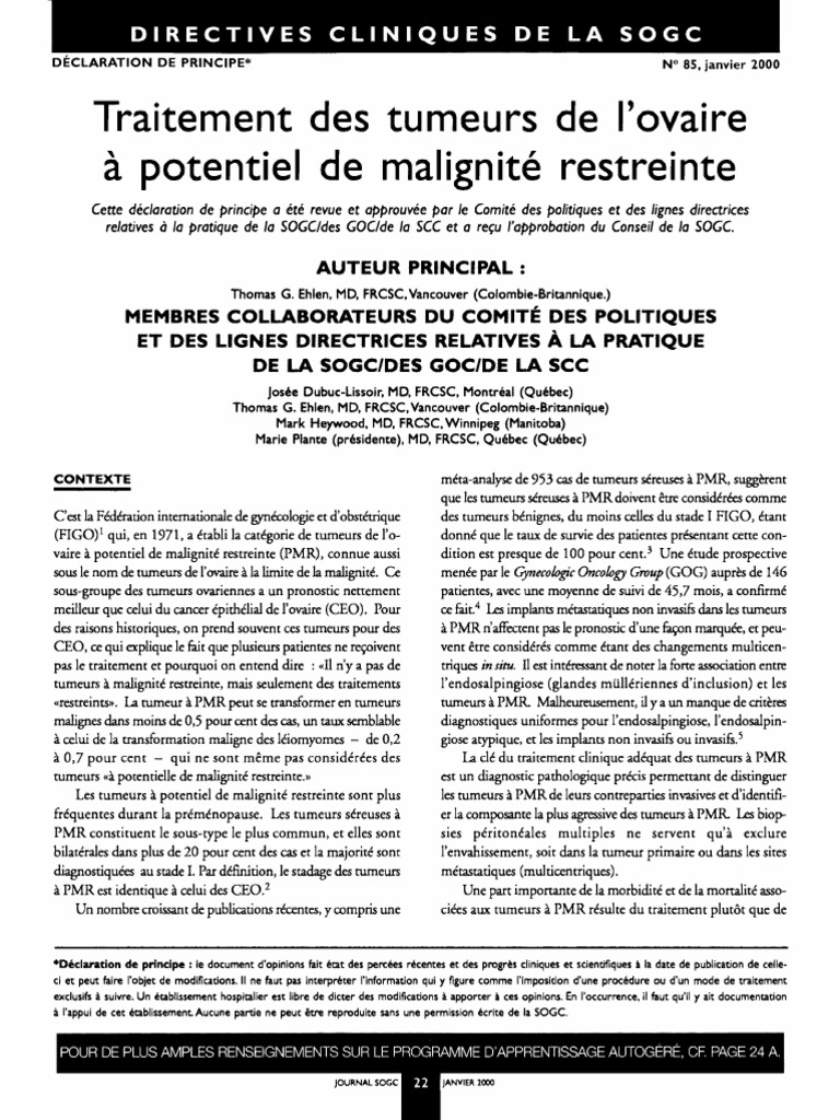 85 - Traitement Des Tumeurs de L'ovaire À Potentiel de Malignité ...