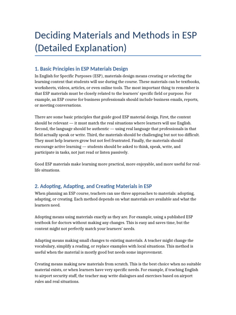 Deciding Materials and Methods in ESP | PDF | Learning | Teaching Method