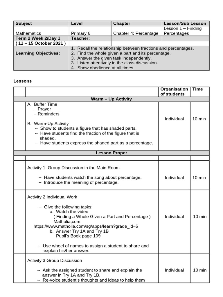 Primary 6 Lesson Plan Chapter 4 (Term 2 - Week 2) | PDF | Homework ...