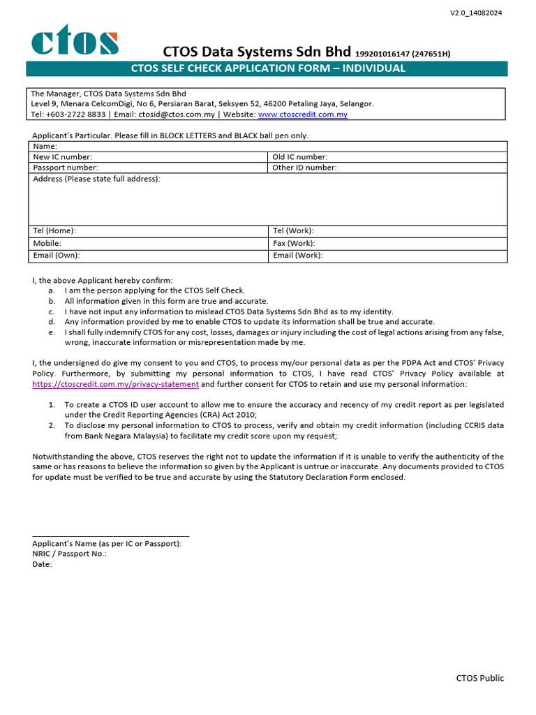 Ctos Selfcheck Application Form - Individual | PDF