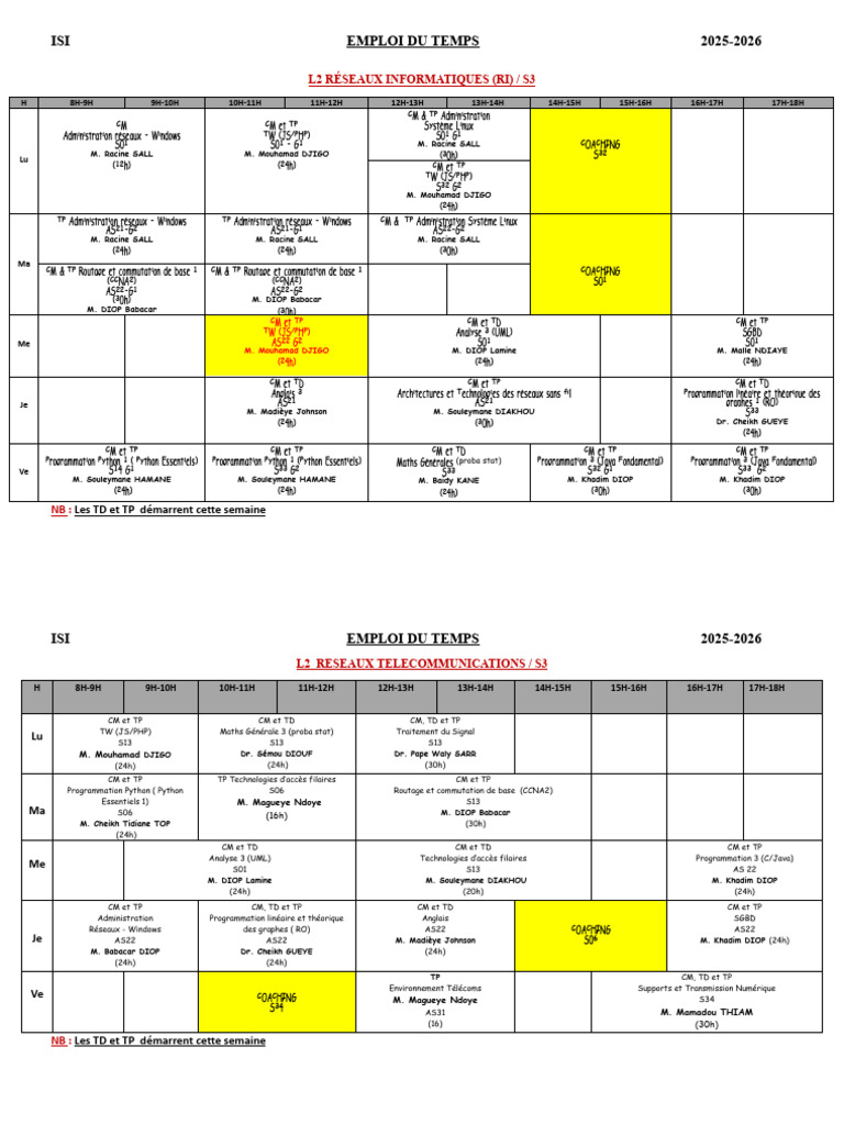 Emploi Du Temps Des l2 - s3 - Drs - 2025-2026 | PDF | Informatique ...