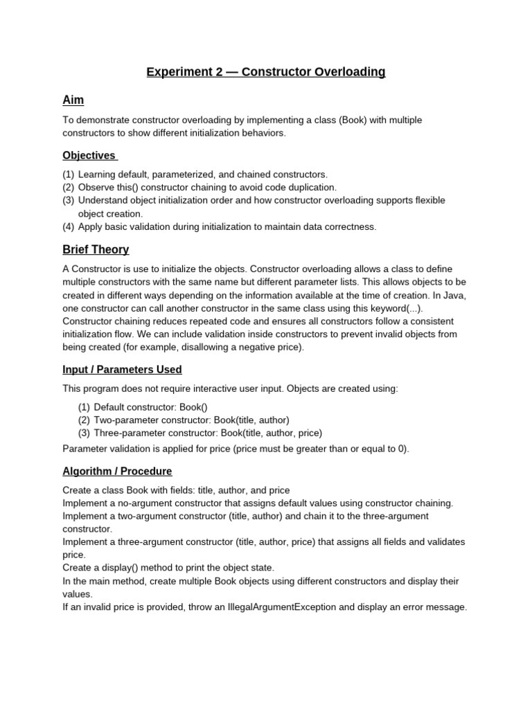 Experiment 2 Constructor Overloading | PDF | Constructor (Object ...