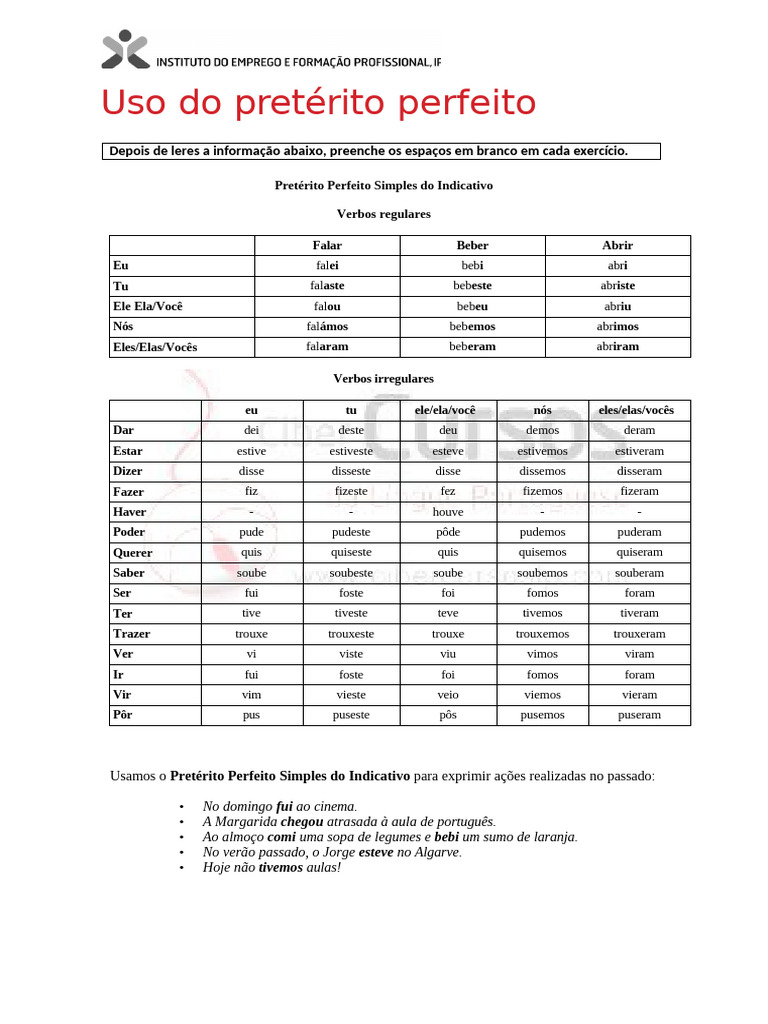 Uso Do Pretérito Perfeito Simples | PDF