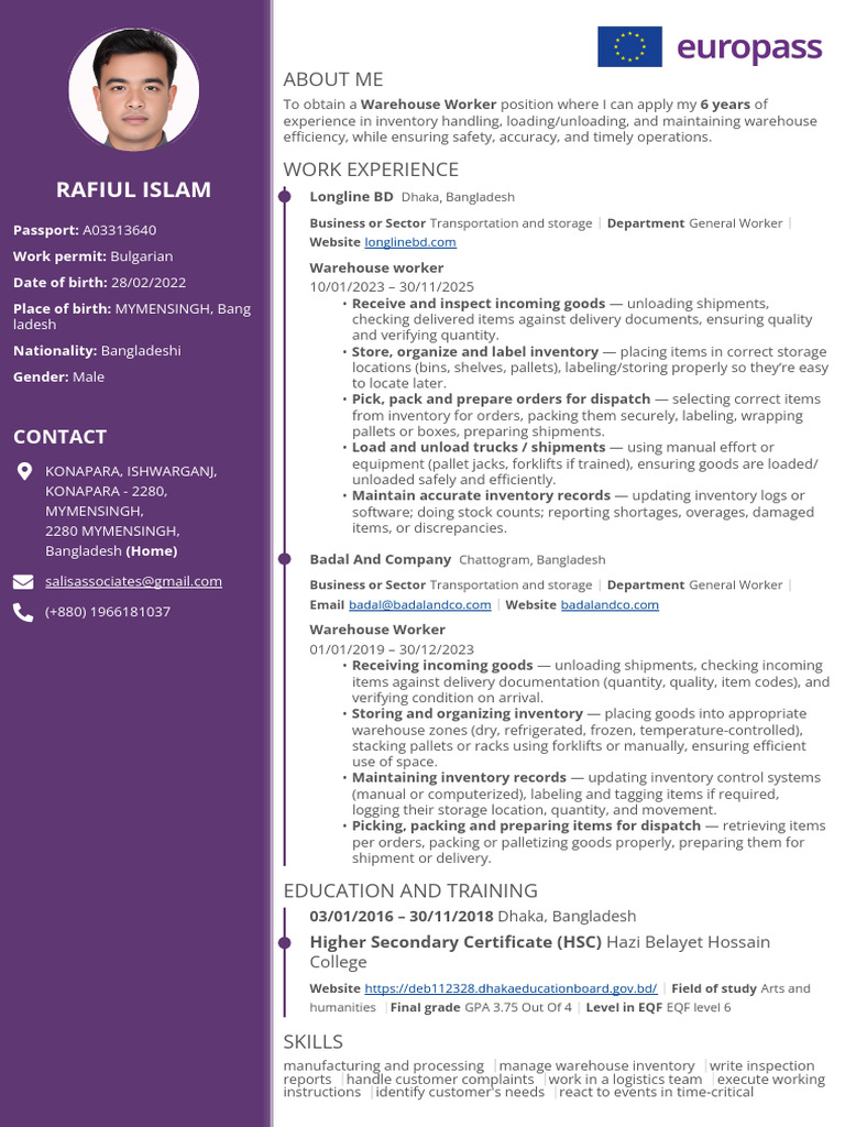 Europass CV of (RAFIUL ISLAM) | PDF | Warehouse | Inventory