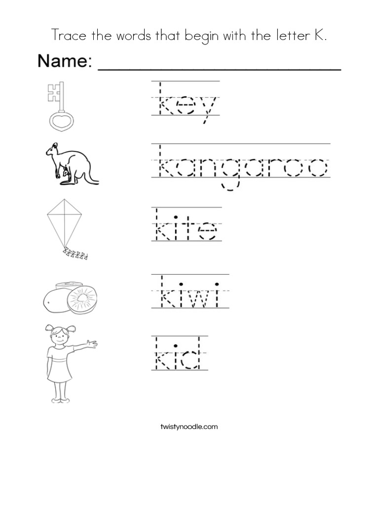 Trace The Words That Begin With The Letter K Coloring Page - Twisty ...