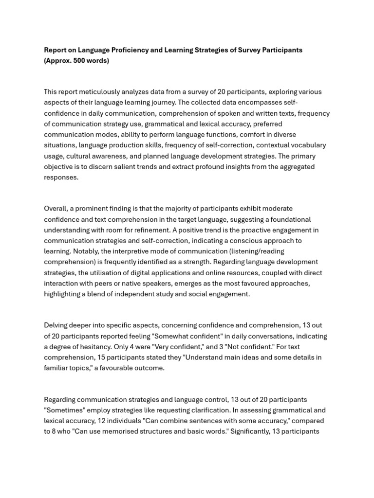 Report On Language Proficiency and Learning Strategies of Survey ...
