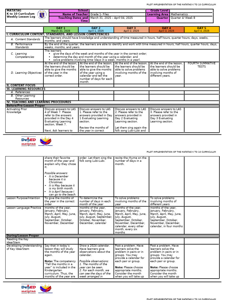 g1 q4 Le Week 8 Math | PDF | Learning | Curriculum
