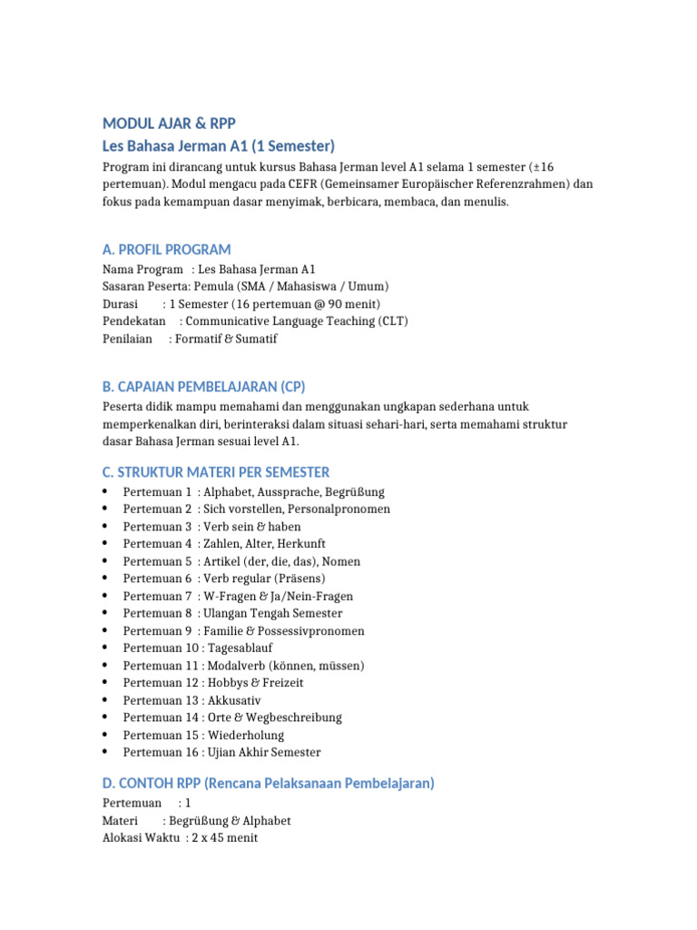 Modul Dan RPP Les Bahasa Jerman A1 | PDF