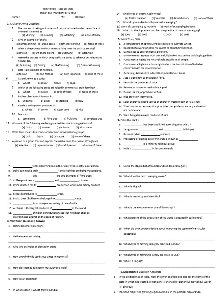 STD 8 TH SST Midterm Bits Test Question | PDF | Mining | Crops