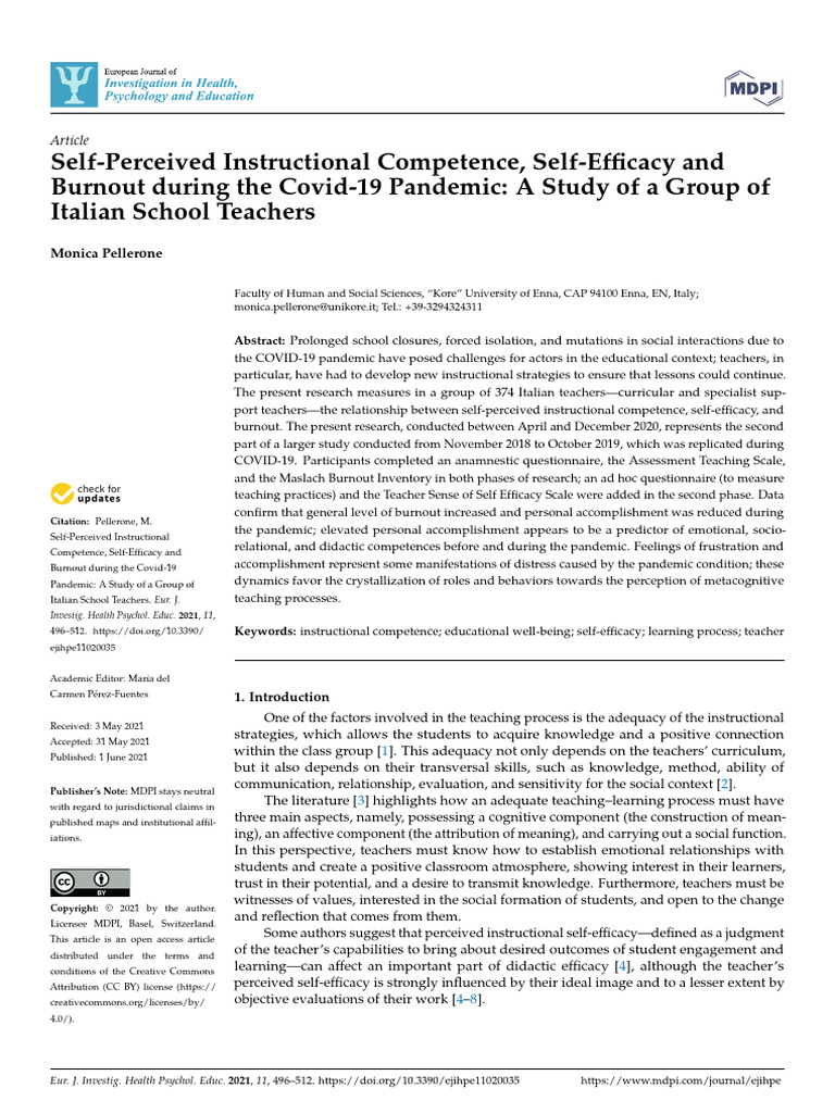 Ejihpe 11 00035 | PDF | Self Efficacy | Teachers