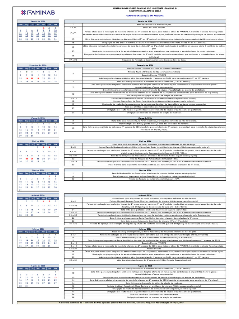 Calendario Faminas BH Medicina | PDF | Remédio