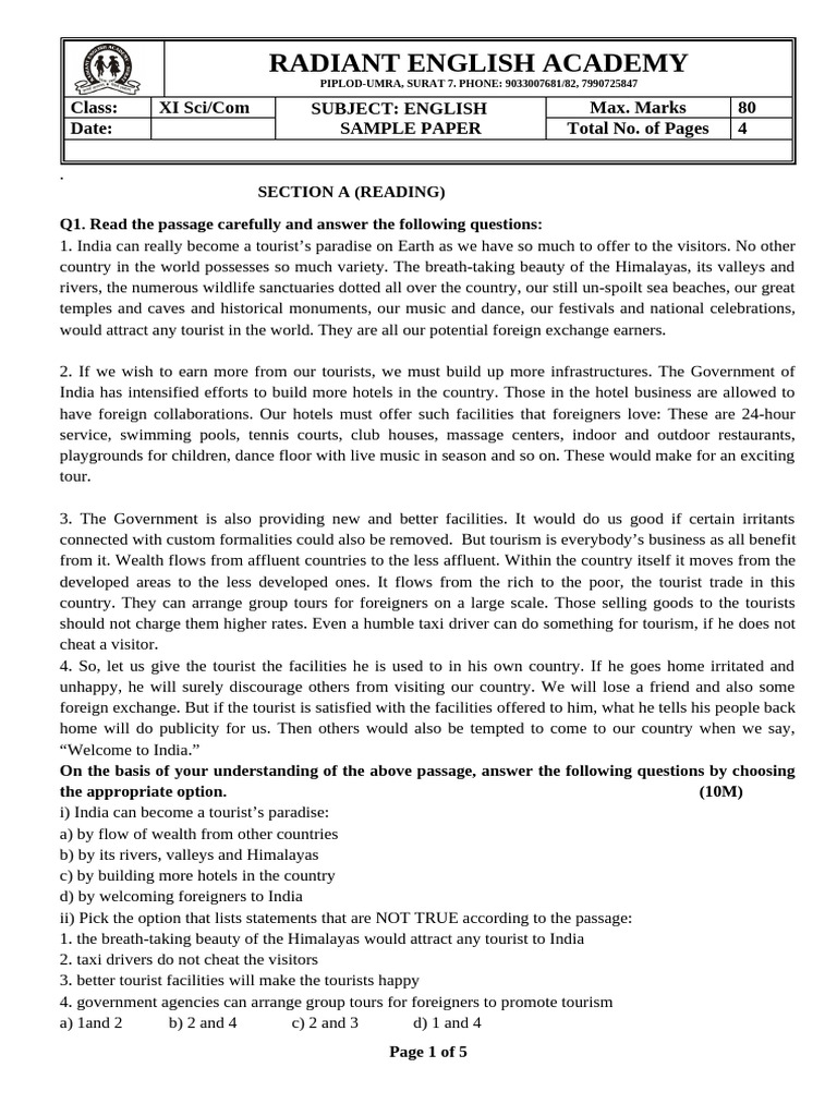 Sample Paper CL 11 Term 1 | PDF | Humour | Tourism