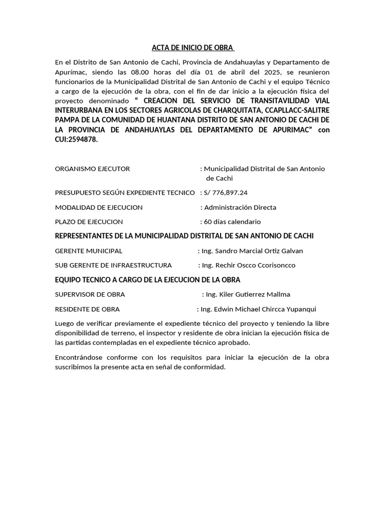 Acta de Inicio de Obra | PDF