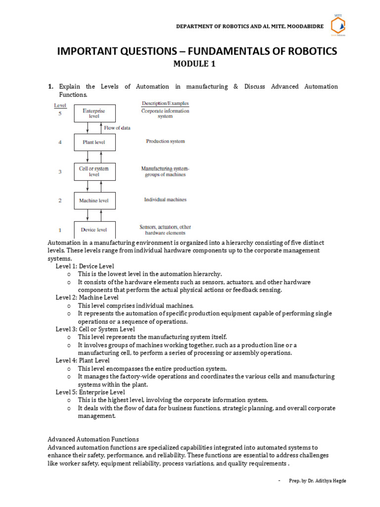 Important Questions For SEE - Fundamentals of Robotics | PDF | Control ...