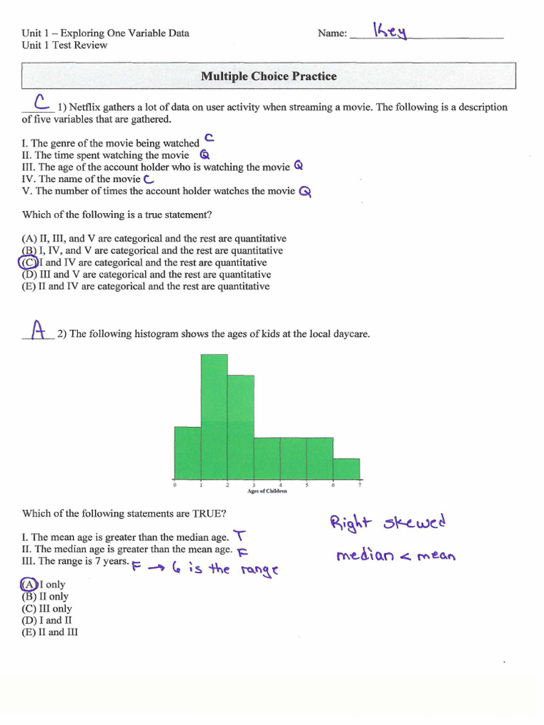 AP Stats Unit 1 Test Review Answers PDF | PDF | Applied Mathematics ...