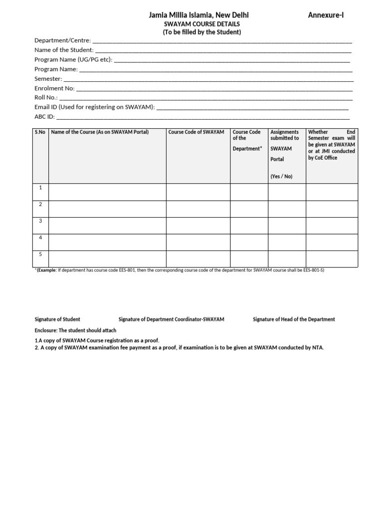 Proforma Swayam Course Registration (Annexure-I) | PDF