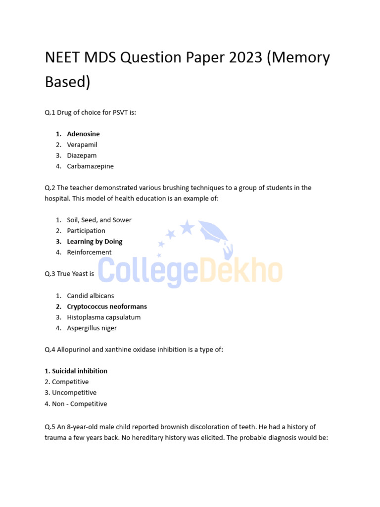 Neet Mds Question Paper 2023 Memory Based | PDF | White Blood Cell | Anemia