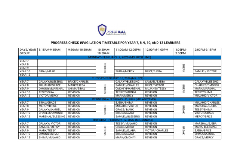 2026 Invigilation Timetable For Progress Check1 | PDF