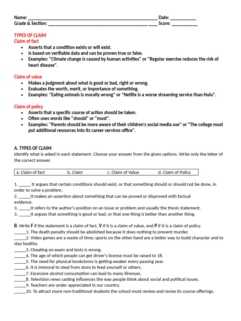 Types of Claim Worksheet | PDF