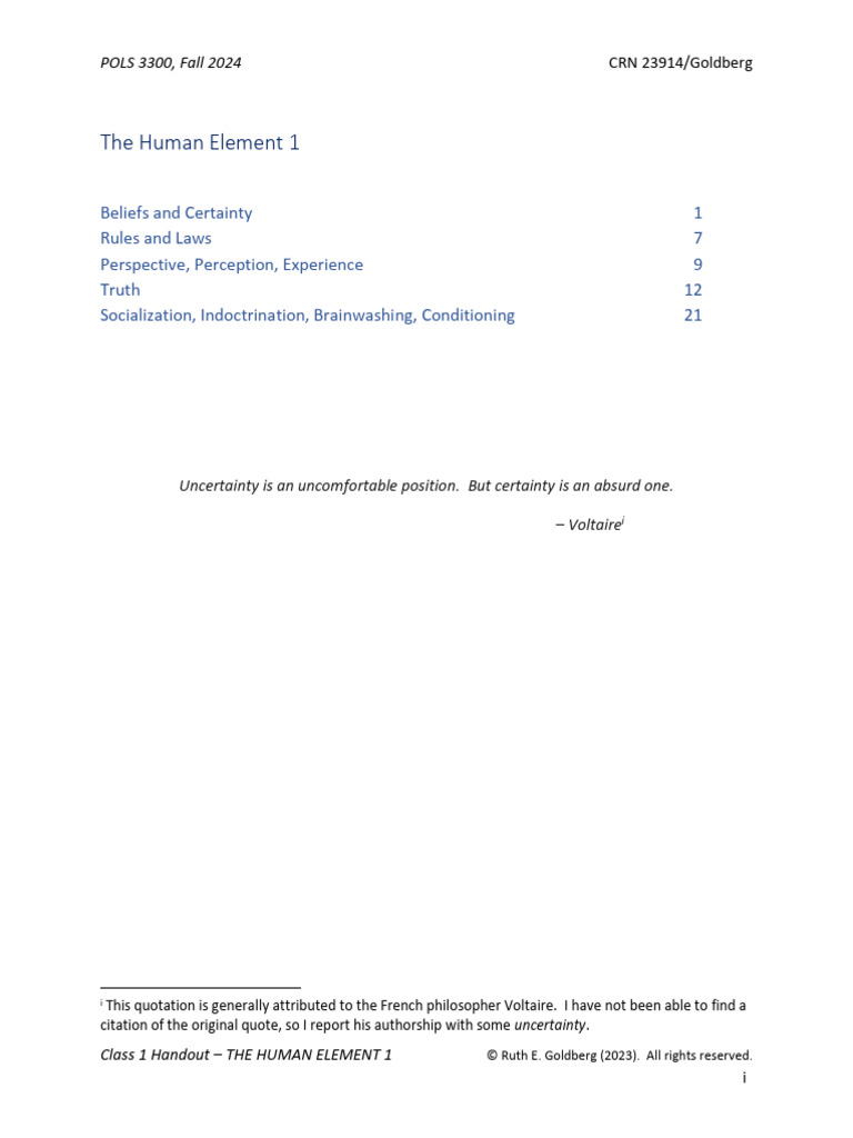 Class 1 Handout f24 - The Human Element 1 | PDF | Witness | Theory