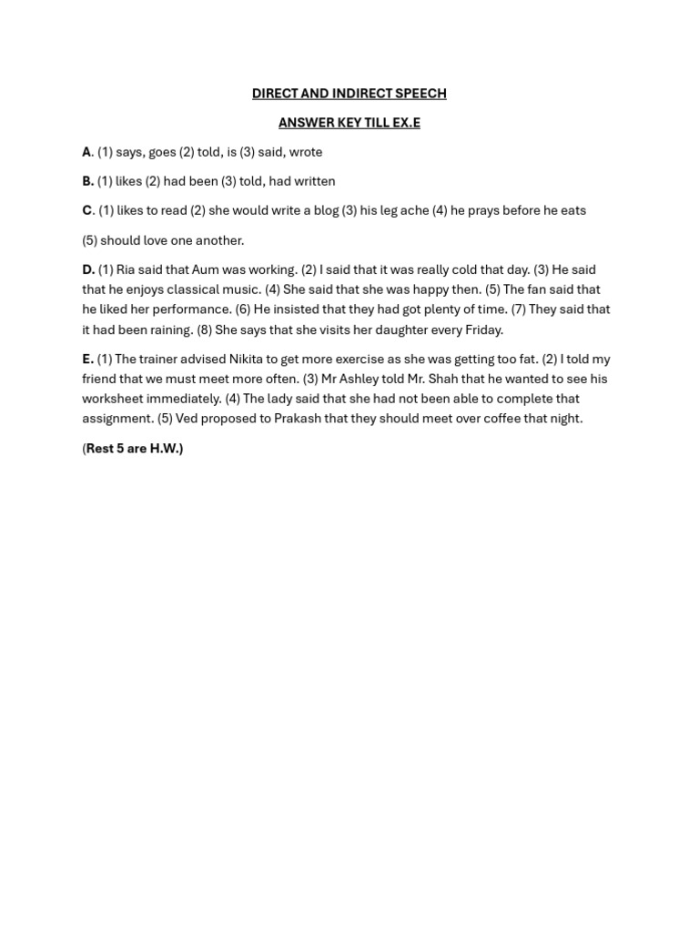 Direct and Indirect Speech Answer Key Till Ex.E A B. C | PDF
