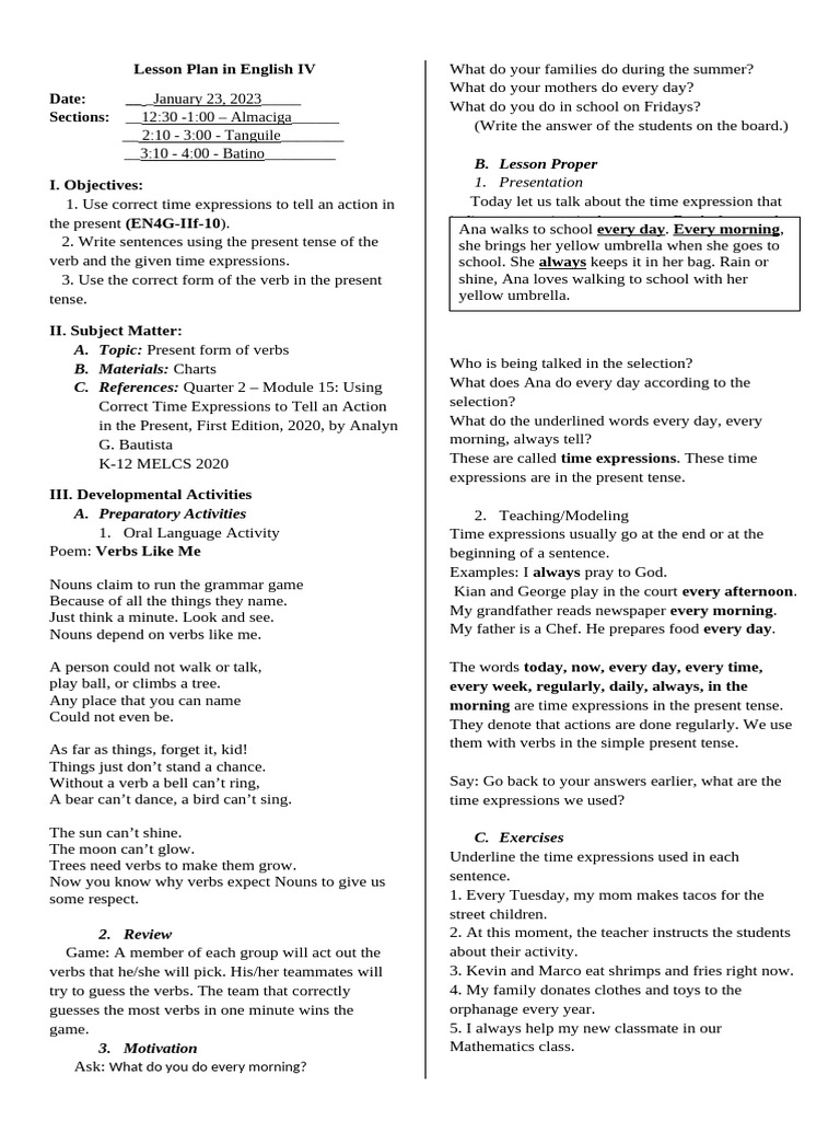 Lesson 14 - Present Tense Time Expressions | PDF | Verb | Grammatical Tense