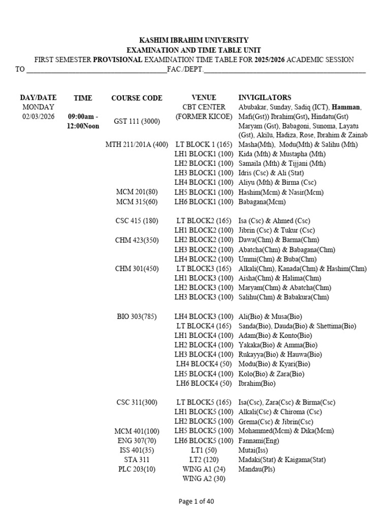First Semester Provisional Examination Timetable 2025 - 2026 Session | PDF