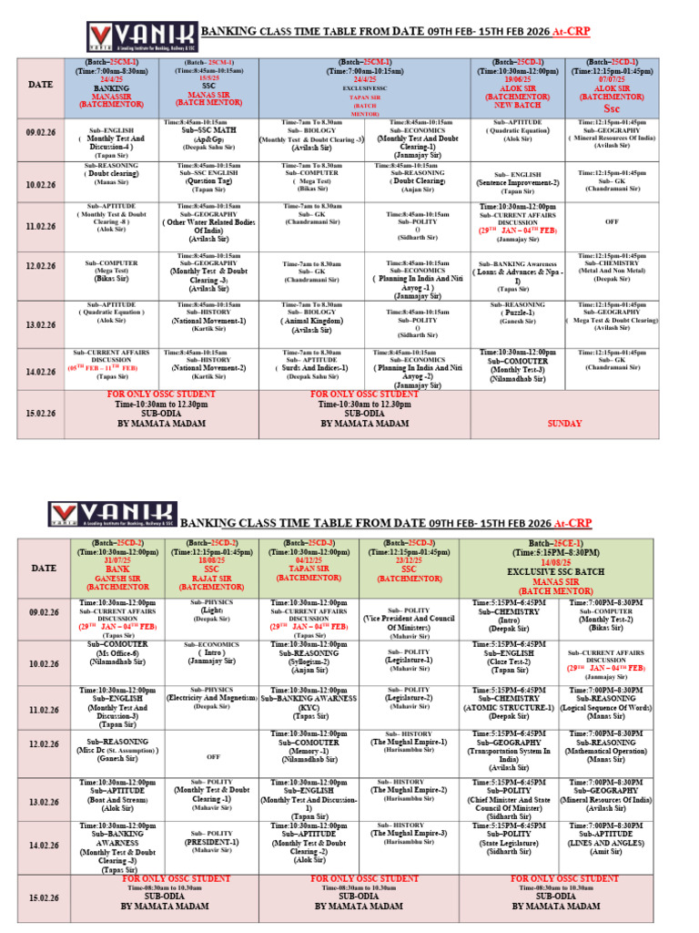 CRP Time Table 09th Feb - 15th Feb 2026 | PDF | Natural Sciences ...