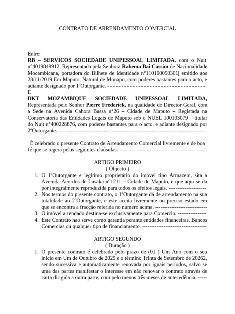Contracto de Arrendamento - DKT Mocambique Limitada | PDF