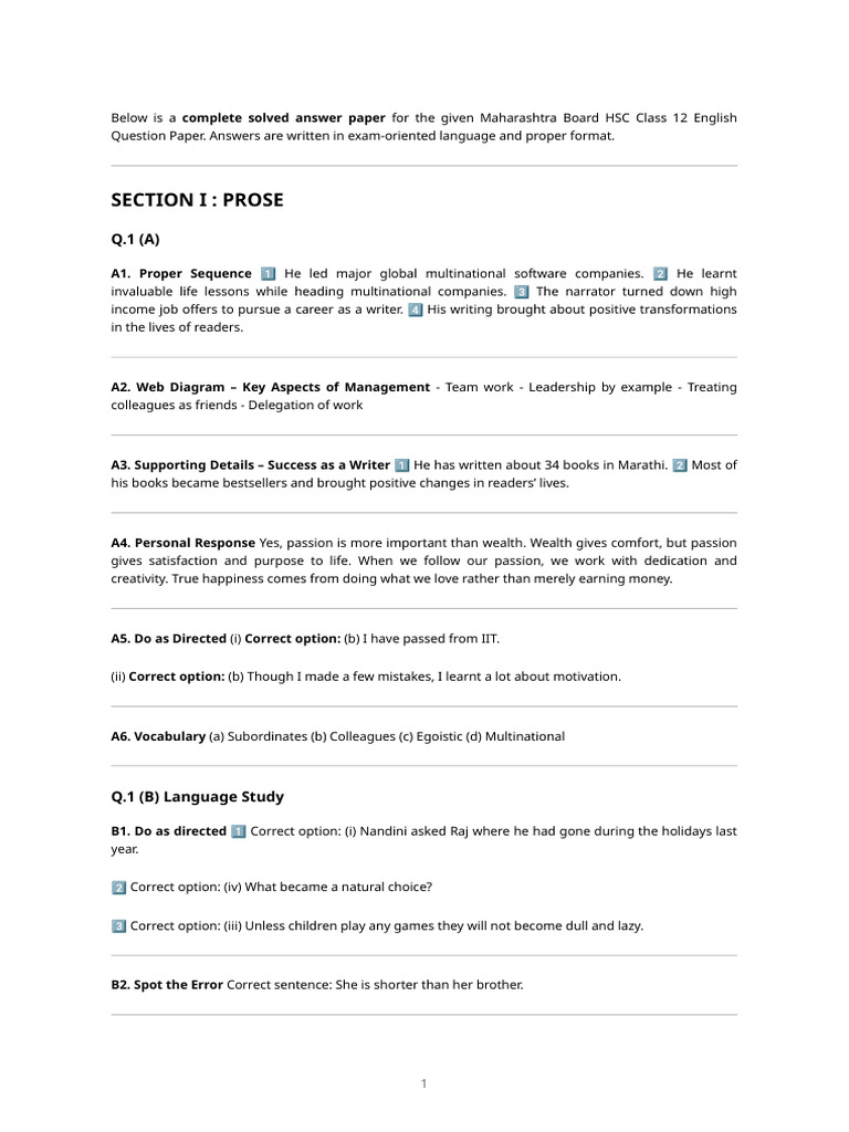 Solved Answer Sheet - Maharashtra Board Class 12 English | PDF | Poetry ...