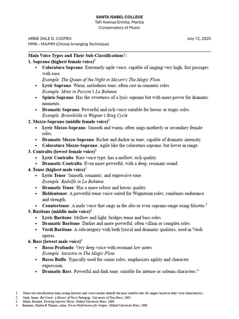 Main Voice Types and Their Sub | PDF | Vocal Music | Singing