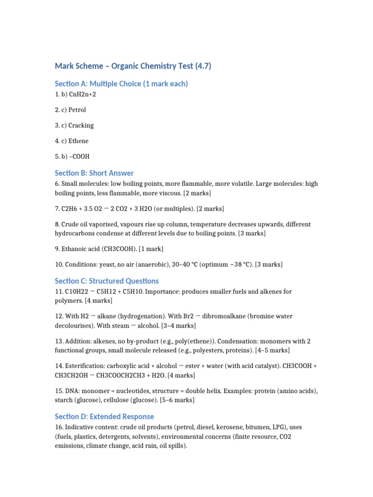 Organic Chemistry Mark Scheme | PDF