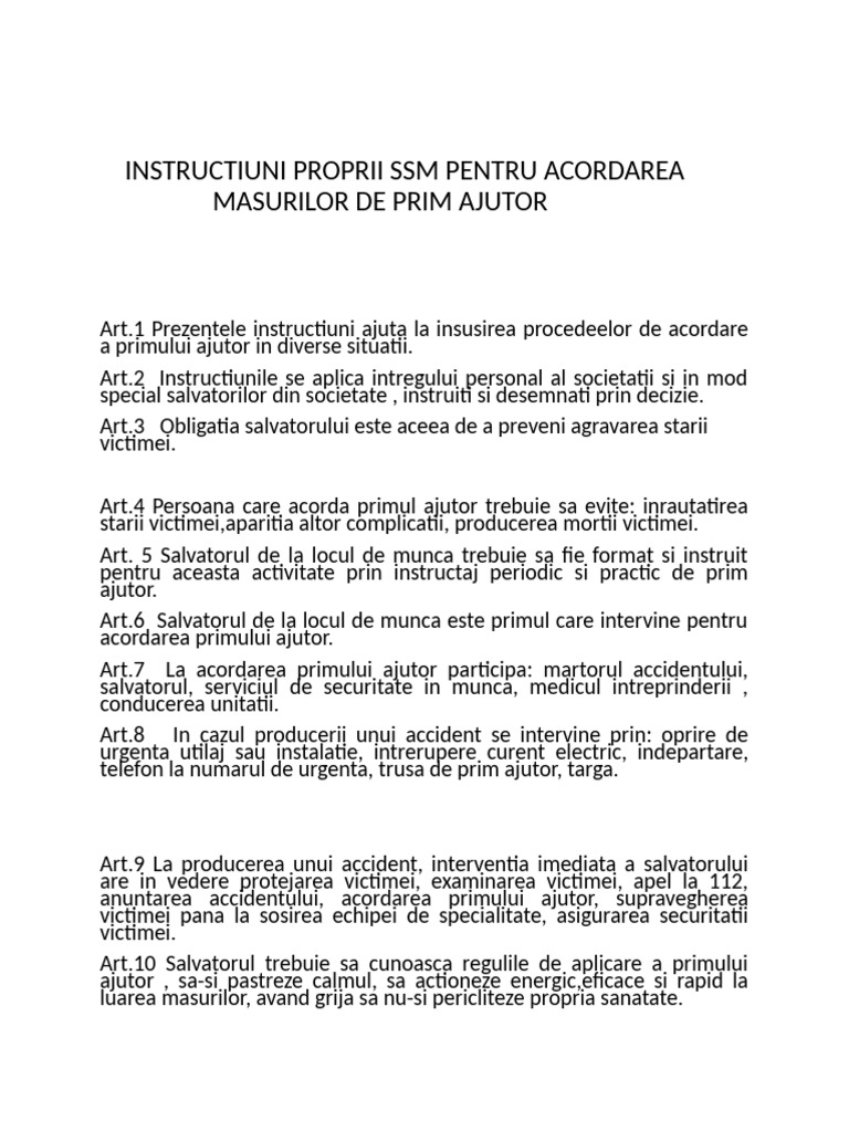 Instructiuni Proprii SSM Pentru Acordarea Masurilor de Prim Ajutor | PDF