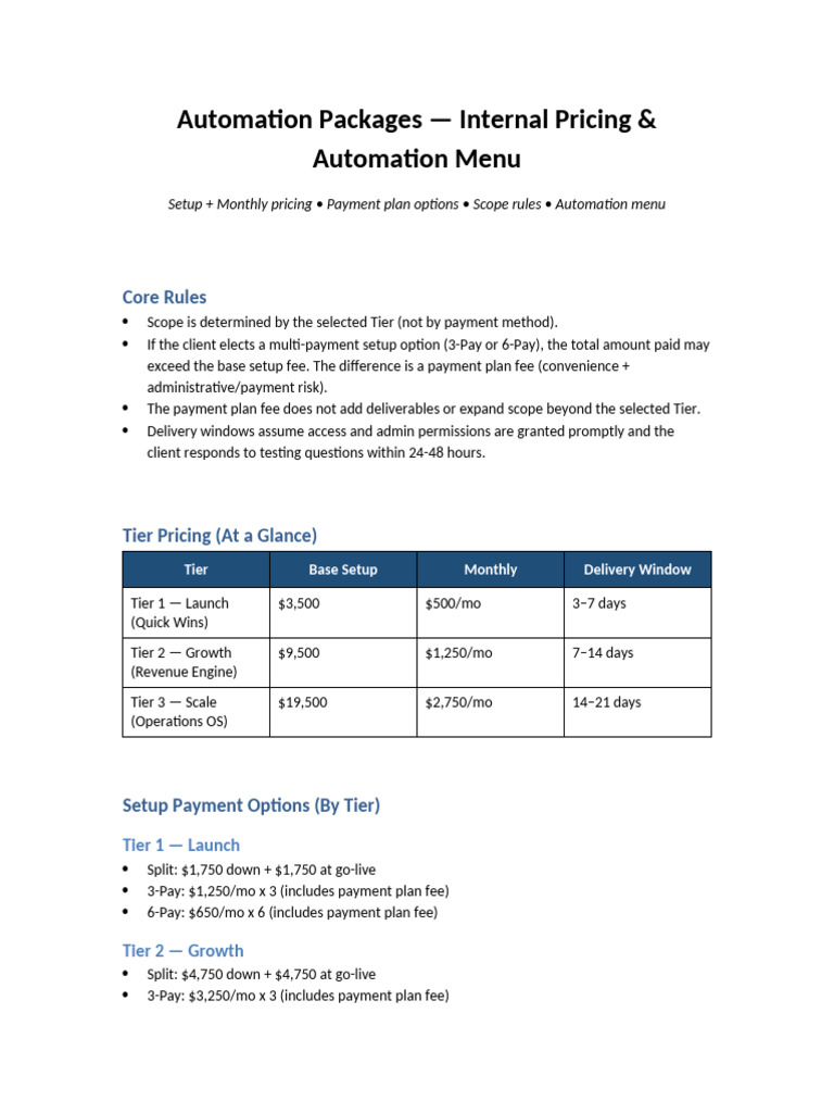 Internal Pricing and Automation Menu v2 | PDF | Automation | Fee
