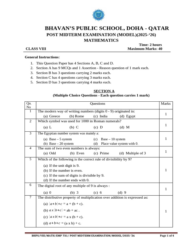 Viii Post Midterm Model 2025 26 | PDF | Numbers | Mathematics