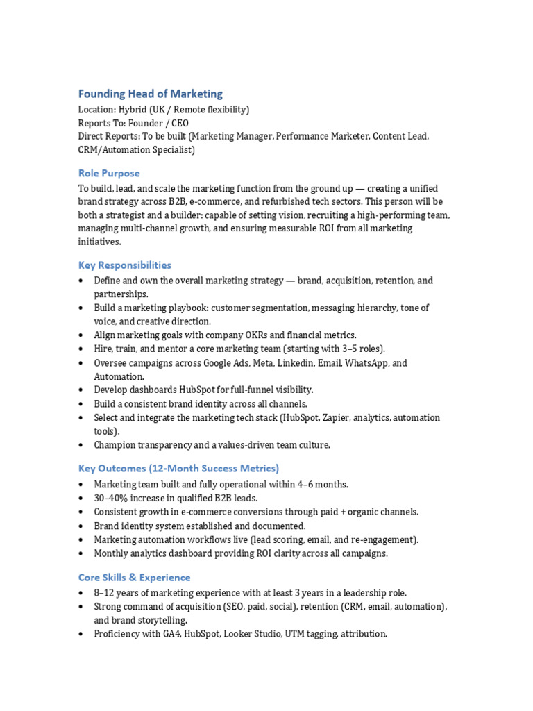 Founding Head of Marketing Job Description | PDF | Marketing ...