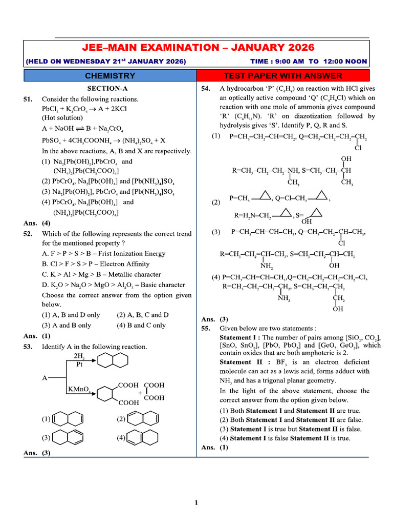 JEE Mains JAN Chem Combined PDF - 2026 | PDF | Chemistry | Chemical ...