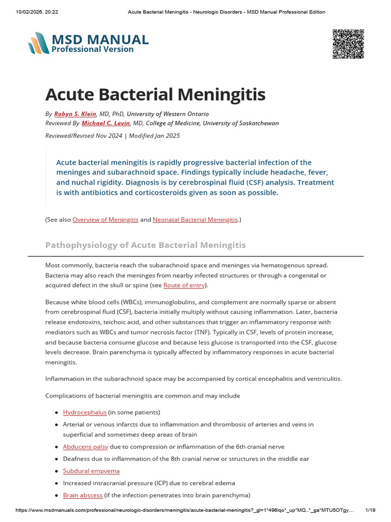 Acute Bacterial Meningitis - Neurologic Disorders - MSD Manual ...