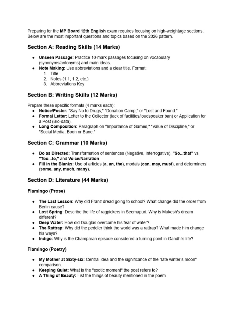 MP Board 12th Most IMP Question in Paper English | PDF