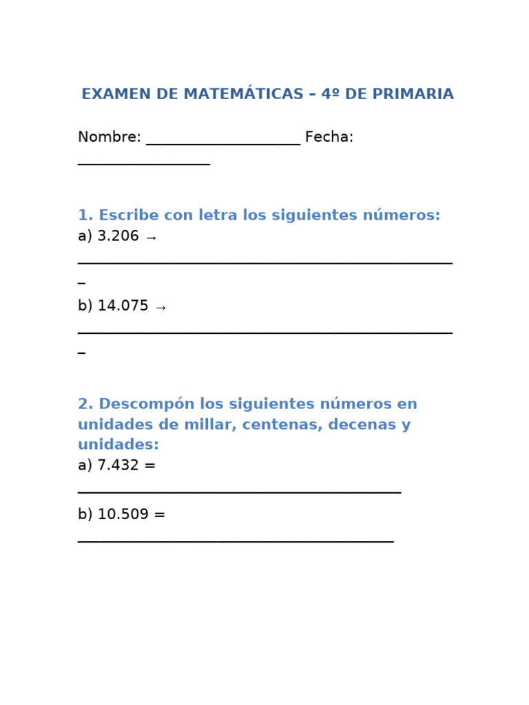 Examen Matematicas 4 Primaria | PDF