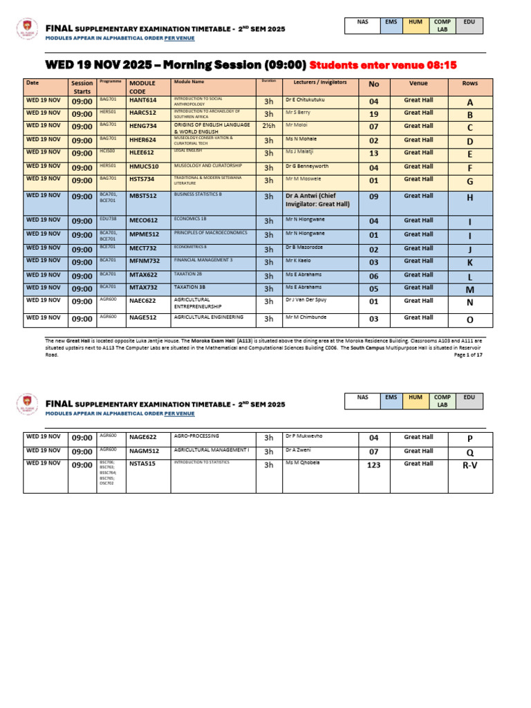 FINAL Supplementary Exam Timetable 2nd Sem 2025 | PDF | Mathematics ...