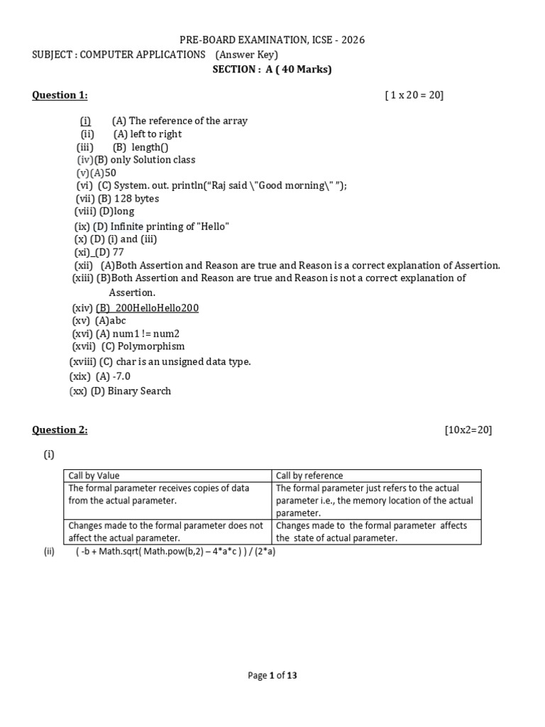 Answer Key ClassX PreBoard 2026 | PDF | Constructor (Object Oriented ...