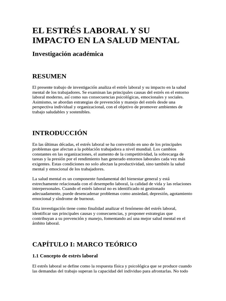 El Estrés Laboral y Su Impacto en La Salud Mental | PDF | Estrés ...