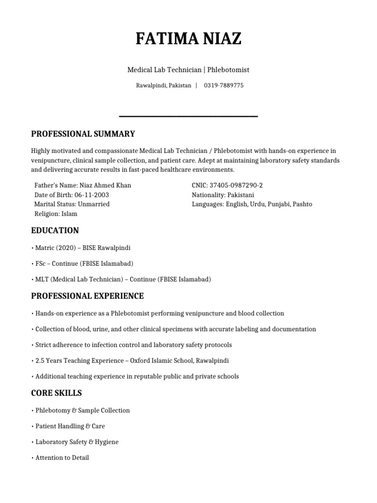 Fatima Niaz Ultra Premium Hospital Cv-1 | PDF